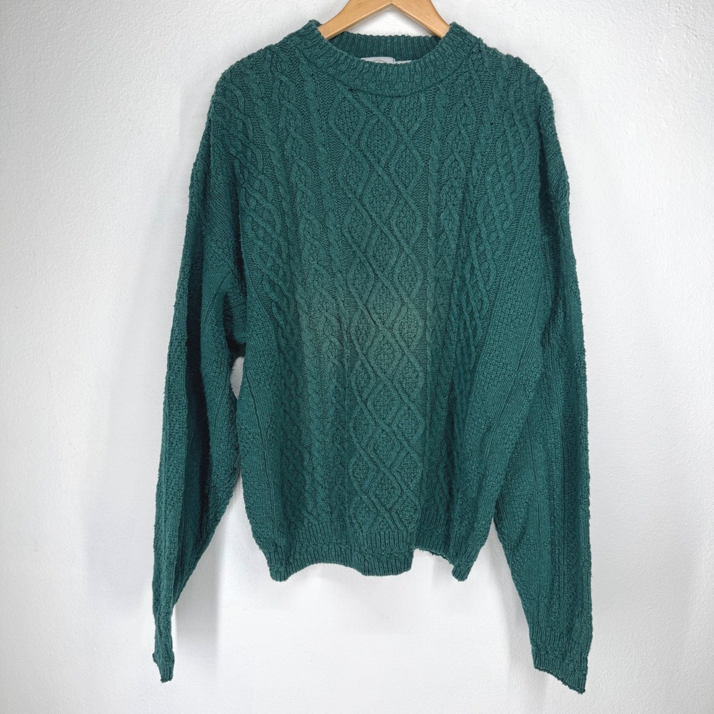 Vintage Mens Fisherman Chunky Cable Knit Cotton Sweater Size XL Crew Neck Green